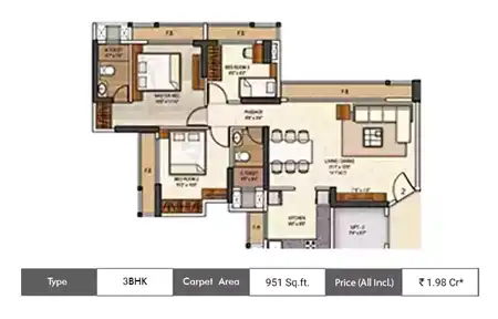 3 BHK 951 SqFt